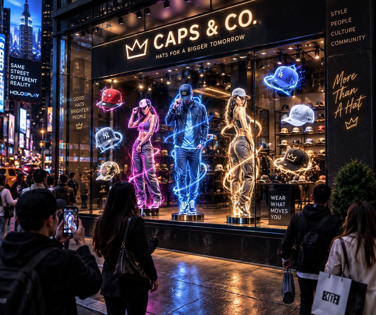 Vibrant hats and mannequins display at CAPS &amp; CO. store at night.