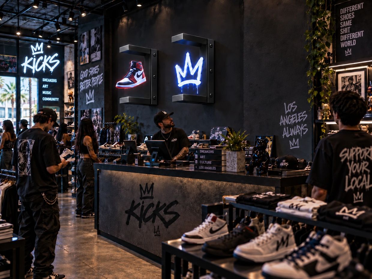 A stylish sneaker store interior with customers and neon signs.