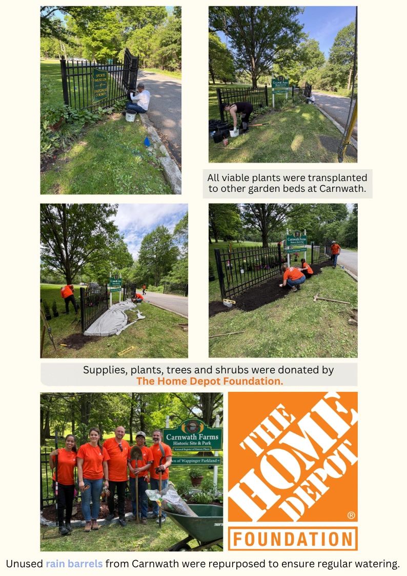 Volunteers revamping Carnwath Farms garden with donated plants and repurposed rain barrels.