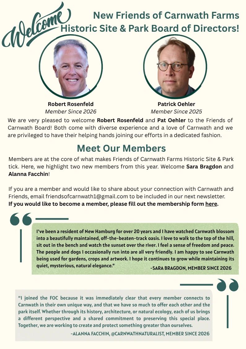 Welcome new Friends of Carnwath Farms Historic Site &amp; Park Board Directors.