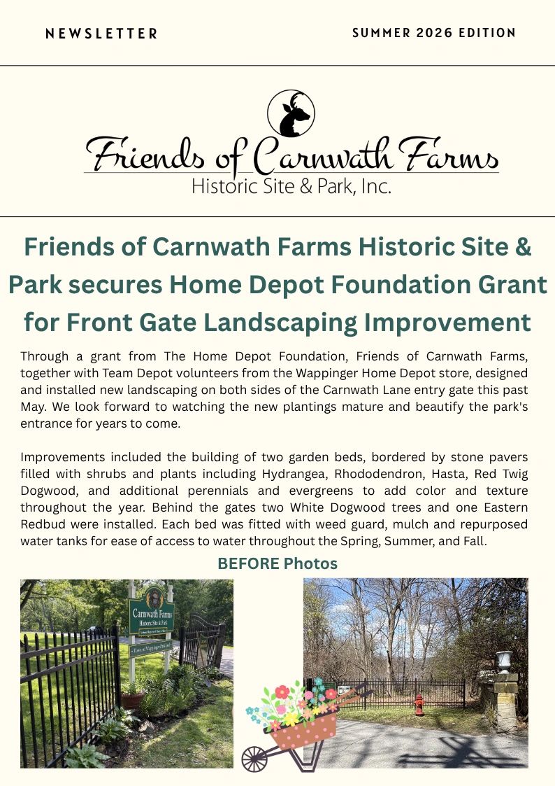 Newsletter announcing grant for landscaping improvements at Carnwath Farms.