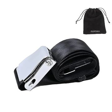 A black seat belt extender with silver buckle and carrying bag