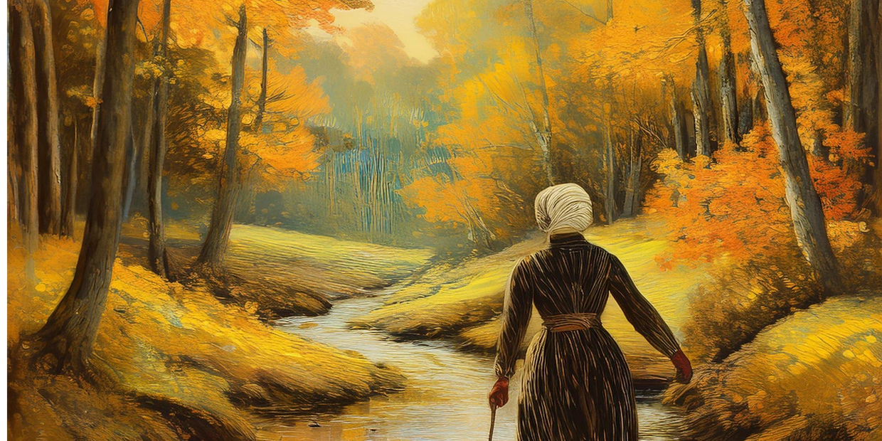 A Black Woman walking through an autumn forest.