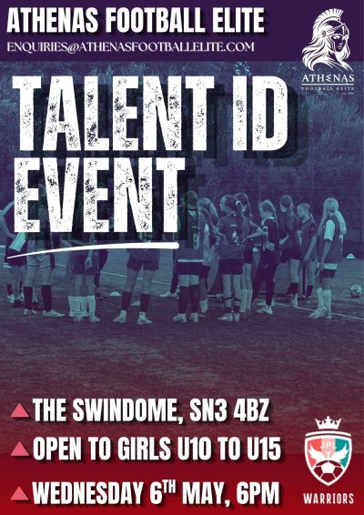 Flyer for Athenas Football Elite Talent ID Event for girls U10 to U15.