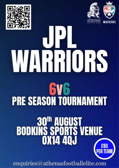 Poster for JPL Warriors 6v6 preseason football tournament at Bodkins Sports Venue.