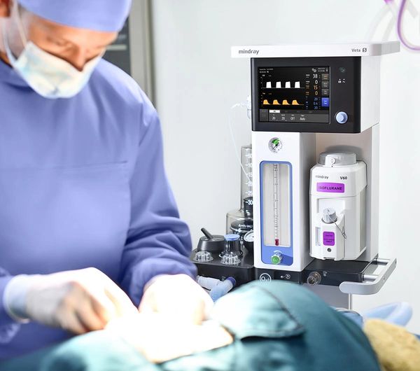 Surgical procedure with anesthesia machine in use.