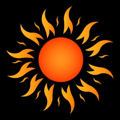 Stylized bright orange sun with flame-like rays on black background.