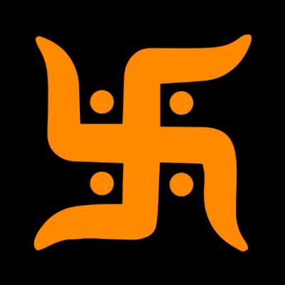 Orange swastika symbol on black background.