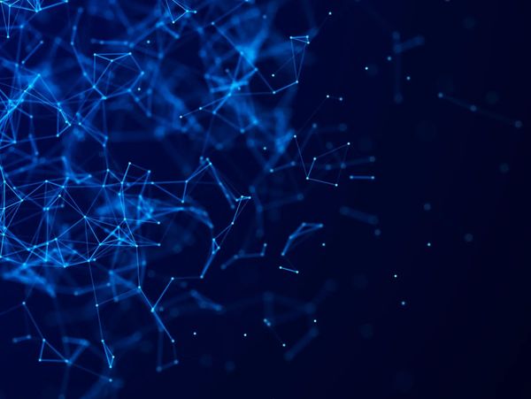 Blue network of interconnected glowing nodes on a dark background.
