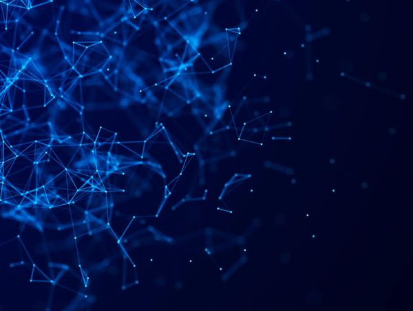 Blue network of interconnected glowing nodes on a dark background.