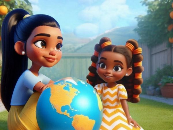 Two animated girls explore geography with a globe and map outdoors.