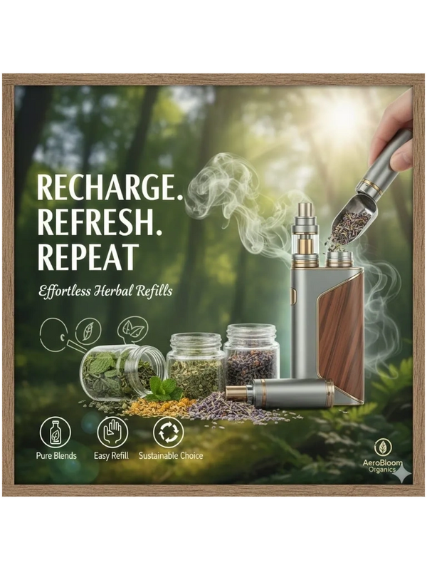Herbal refill vaping device with natural blends and sustainable choice.
