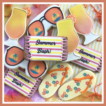 Colorful summer-themed cookies including flip-flops, sunglasses, and drinks with 'Summer Bash!' text.