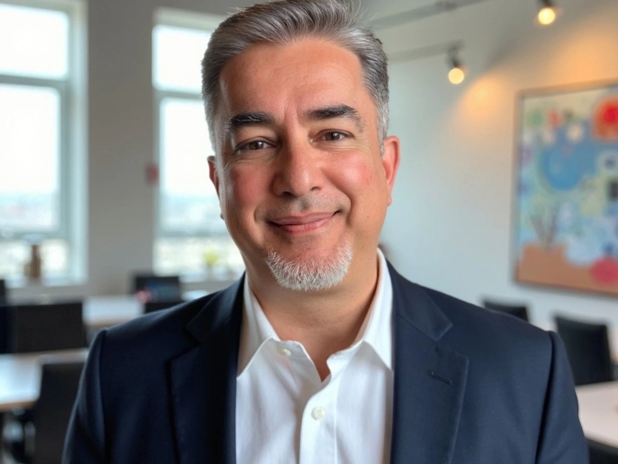 Smiling middle-aged man in a suit in a modern office setting.