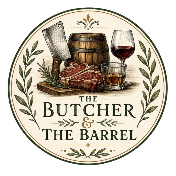 A vintage logo featuring steak, a cleaver, drinks, and a barrel with the text 'The Butcher &amp; The Barrel'.