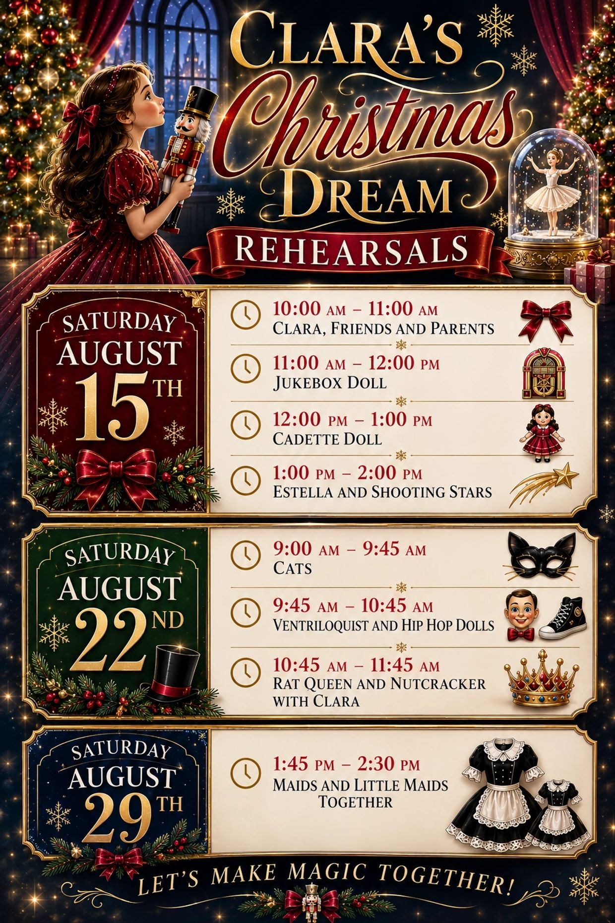 Schedule for Clara's Christmas Dream rehearsals on August 15, 22, and 29.