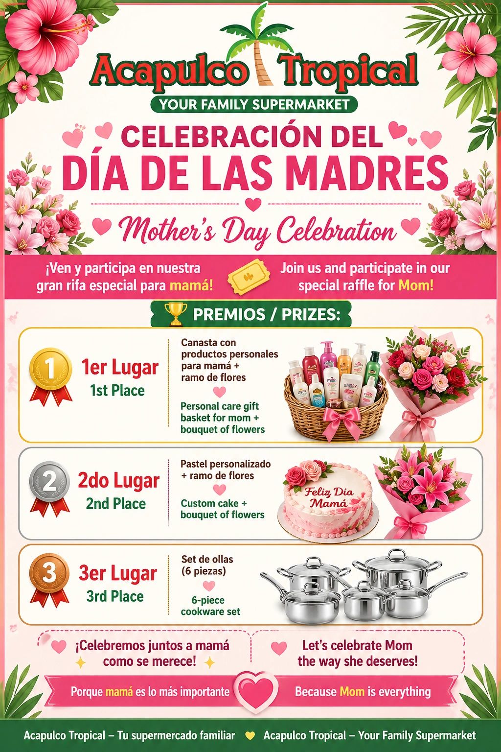 Mother's Day raffle with prizes like personal care baskets, cakes, and cookware sets.