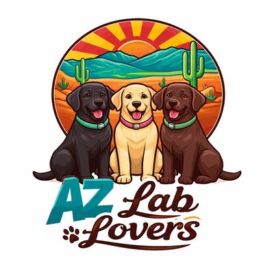 Three Labrador dogs with a desert sunset background and 'AZ Lab Lovers' text.