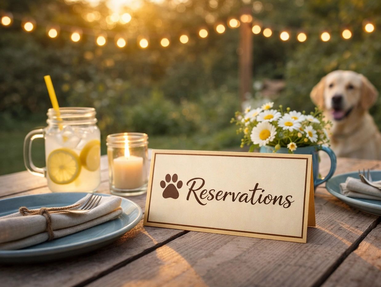 Outdoor dining setup with a 'Reservations' sign and a dog in the background.