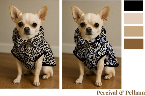 Chihuahua in stylish patterned coats against a neutral background.