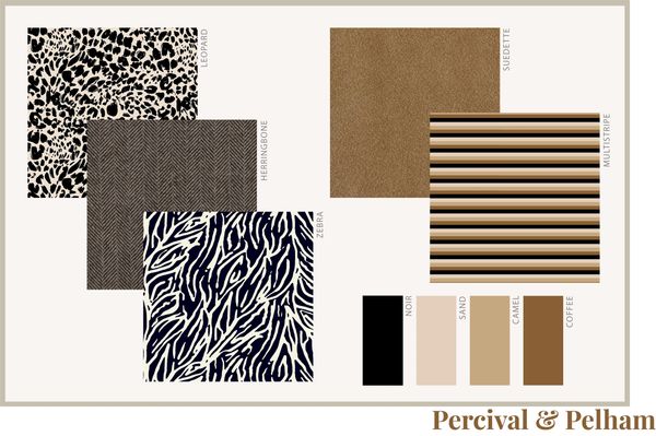Fabric swatches and color palette with animal prints and neutrals.