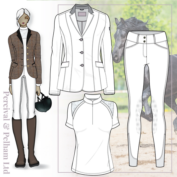 Equestrian outfit design featuring a brown jacket, white breeches, and riding boots with horse background.