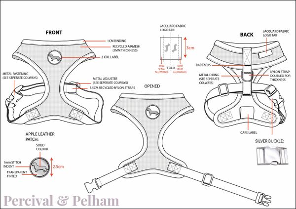 Detailed technical drawing of a dog harness with labeled parts and measurements.