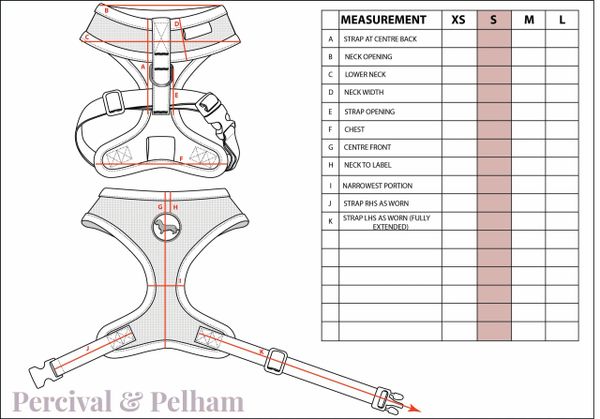 Diagram of a dog harness with detailed measurement guide for size S.