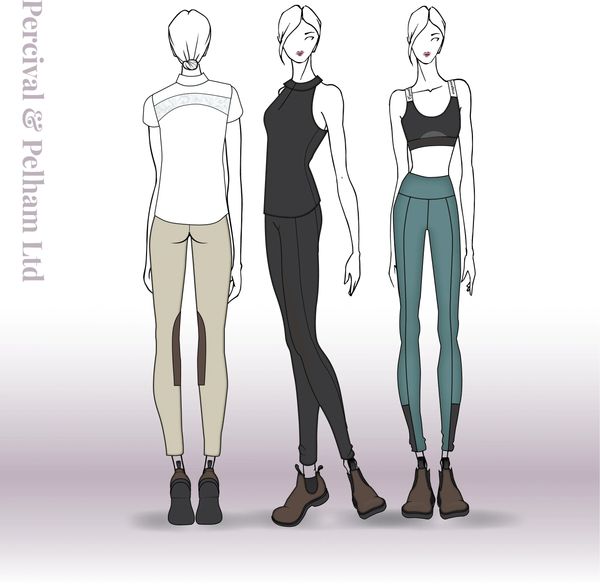 Three fashion sketches showcasing modern activewear with fitted pants and tops.