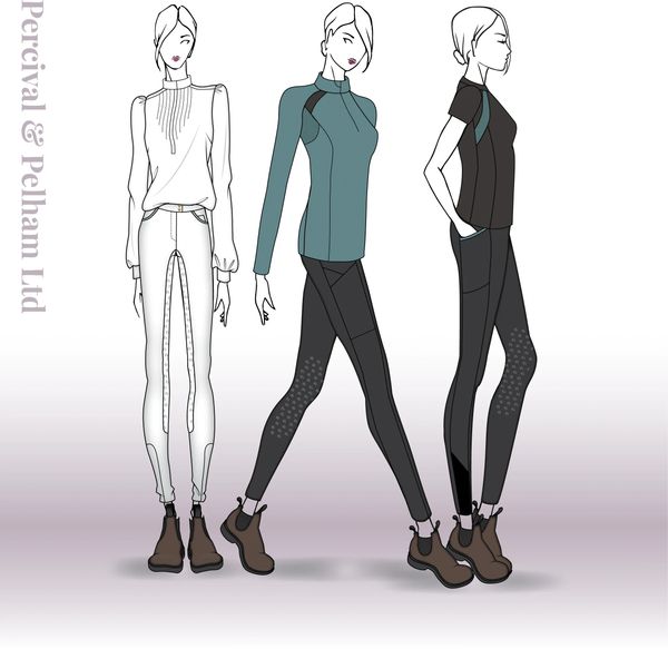 Fashion illustration showcasing three different women's outfits with boots.
