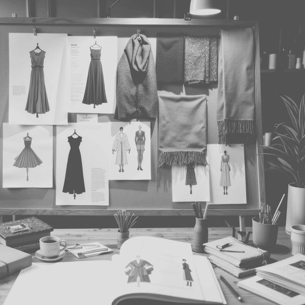 Fashion design sketches pinned on a board with fabric samples and a desk full of books and stationery.