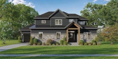 Modern two-story house with dark siding and stone facade surrounded by greenery.