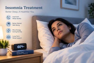 Woman awake in bed at night, thinking about insomnia treatment.