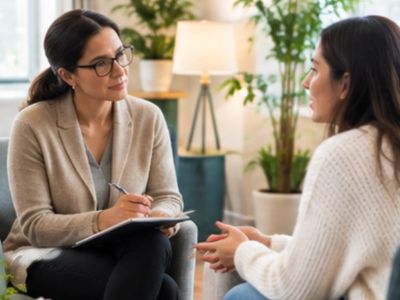 Therapist listening to a patient during a session.