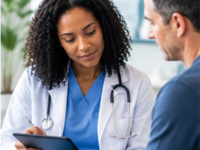 Doctor consulting a patient with a tablet.