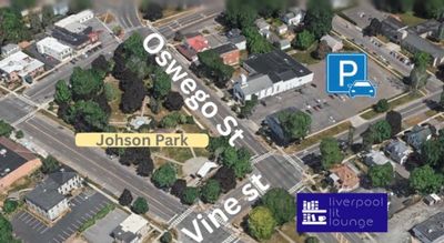Aerial view of Oswego and Vine St intersection near Johson Park with parking and Liverpool Lit Lounge.