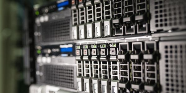 Close-up of server storage drives in a data center.