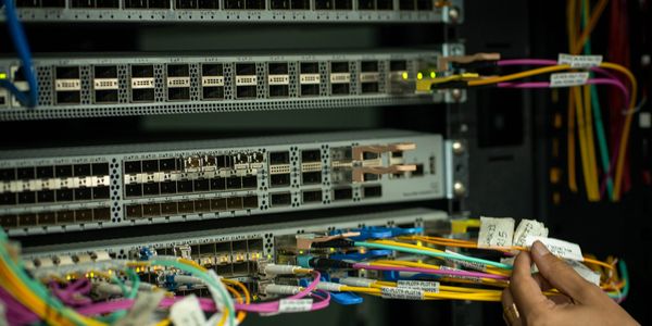 Close-up of network cables connected to a switch.