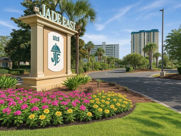 The entrance to Jade East Towers.  A sign and nice flower bed.