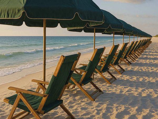 Row of beachfront chairs and umbrellas in Destin, FL.