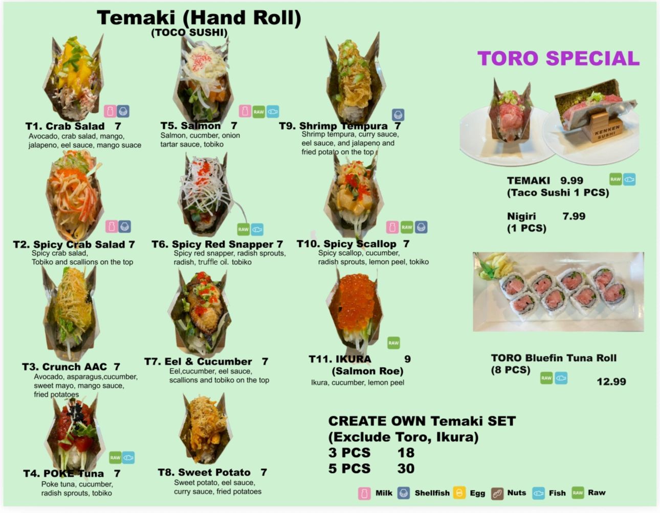 Menu showing different Temaki hand rolls and Toro specials with prices.