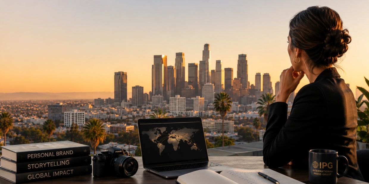 A woman contemplates a city skyline at sunset with a laptop and books.