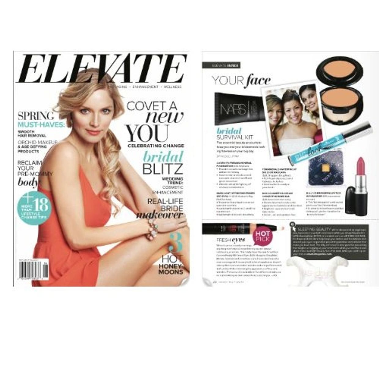 The May/June 2014 issue of Elevate magazine to see Melina featured in their bridal survival kit. 