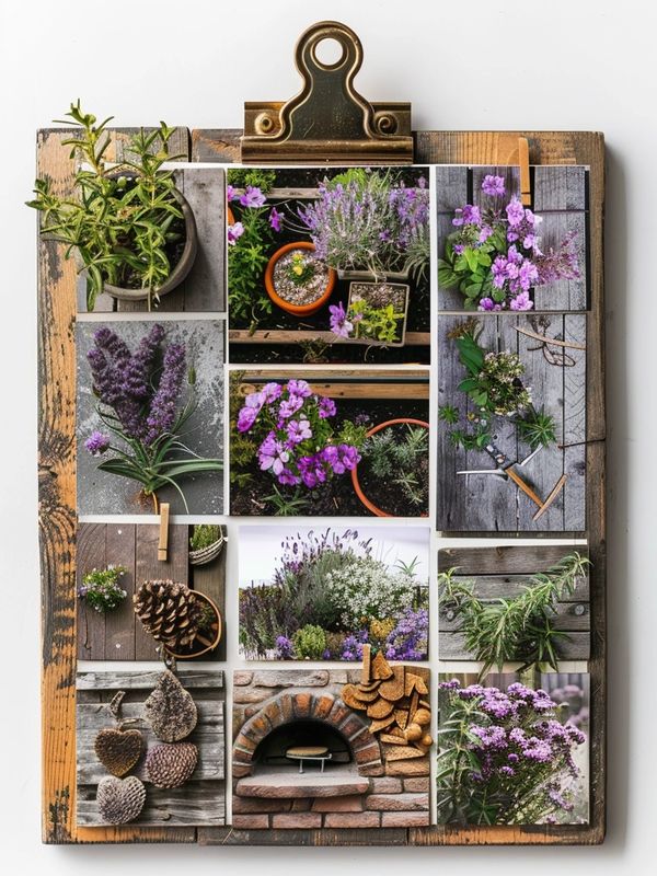 a mood board clip board with inspiring images attached to foster a feeling for a garden design