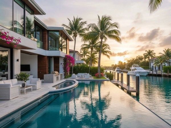 Luxurious modern waterfront home with pool and palm trees at sunset.