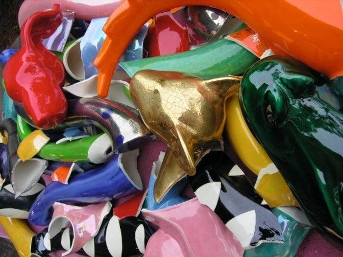 "Brightly glazed, fragmented ceramic animal sculpture handcrafted by fine artist Scott Causey."