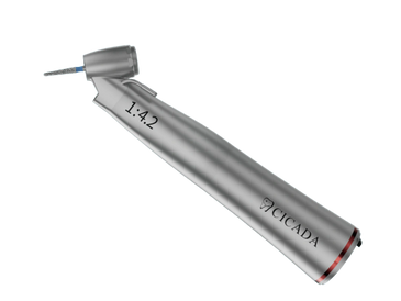 A metal dental handpiece marked with '1:4.2' and 'CICADA'.