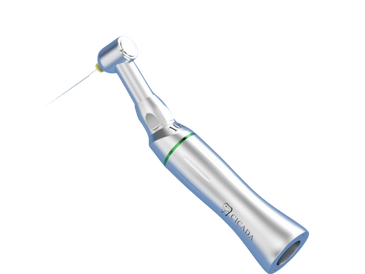 A sleek silver dental handpiece tool with a sharp tip.