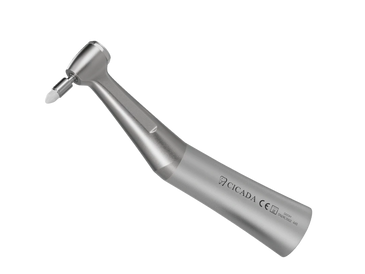 A metallic dental handpiece tool used for oral procedures.