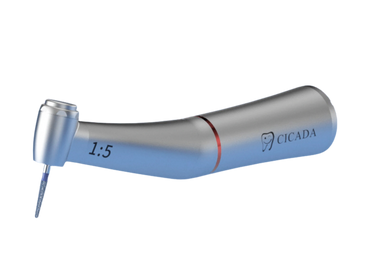 A metallic dental handpiece with a drill bit, labeled CICADA.